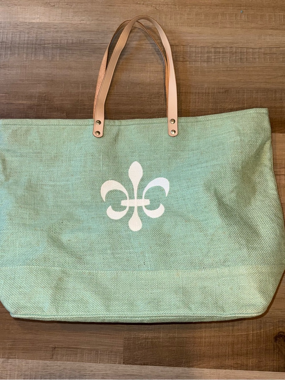 Mint Canvas Tote with White Fleur-de-Lis and Natural Leather Handles